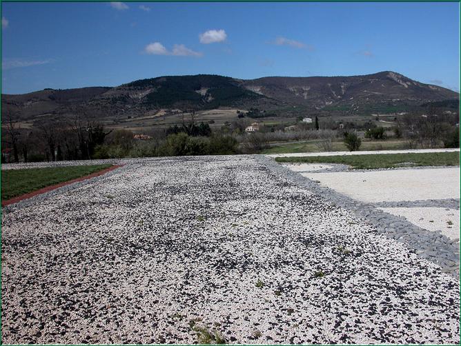 Sol du portique entourant le Temple, constitué de mosaque noire et blanche, figurant des méandres de svastikas et des carrés imbriqués, ici recouvert pour la proteger.