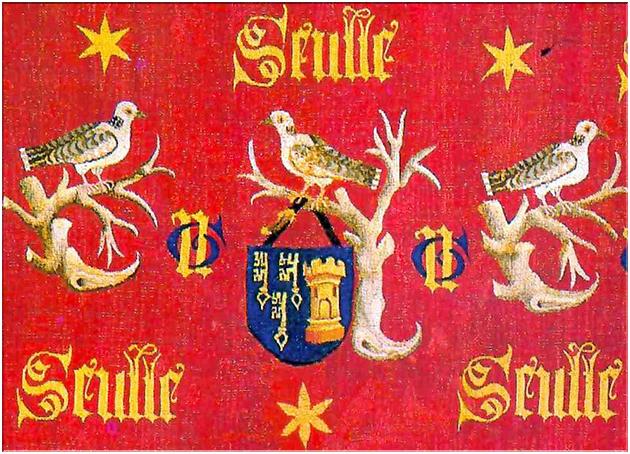 Tapisserie à décor de tourterelles sur laquelle figure la devise de Nicolas Rolin - Seulle (Tu es ma seule étoile) - 