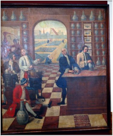 Tableau de Coquelet, présente les différentes tâches effectuées dans l'apothicaire au XVIIIè, ... 