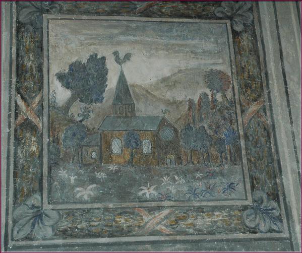 Fresque représentant un paysage de verdure avec un lointain de collines, une chapelle romane. Présence de deux coqs, signe de ralliement des protestants